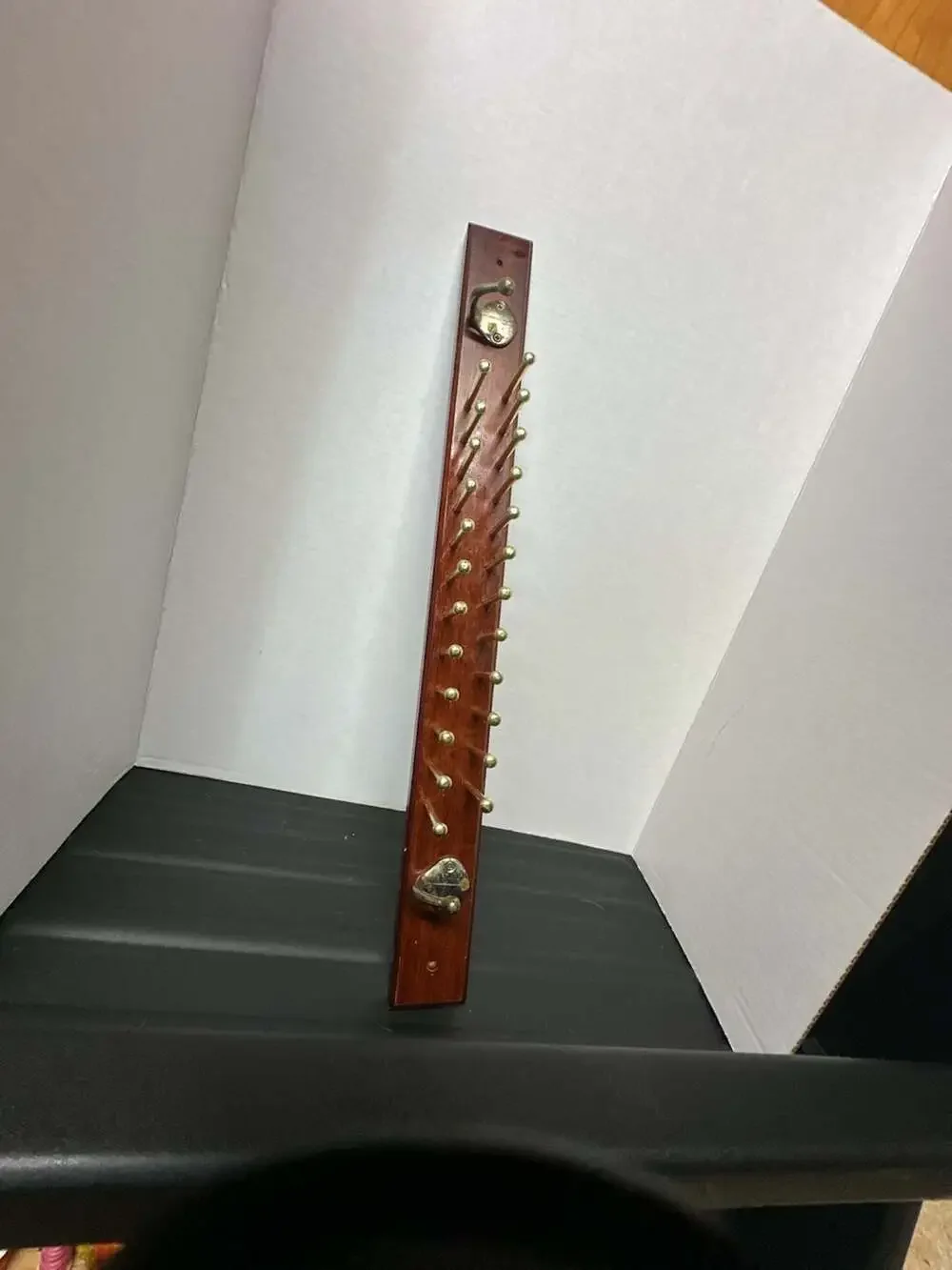 Vintage Wall-Mounted Wooden Tie and Belt Rack Organizer with Brass Hooks